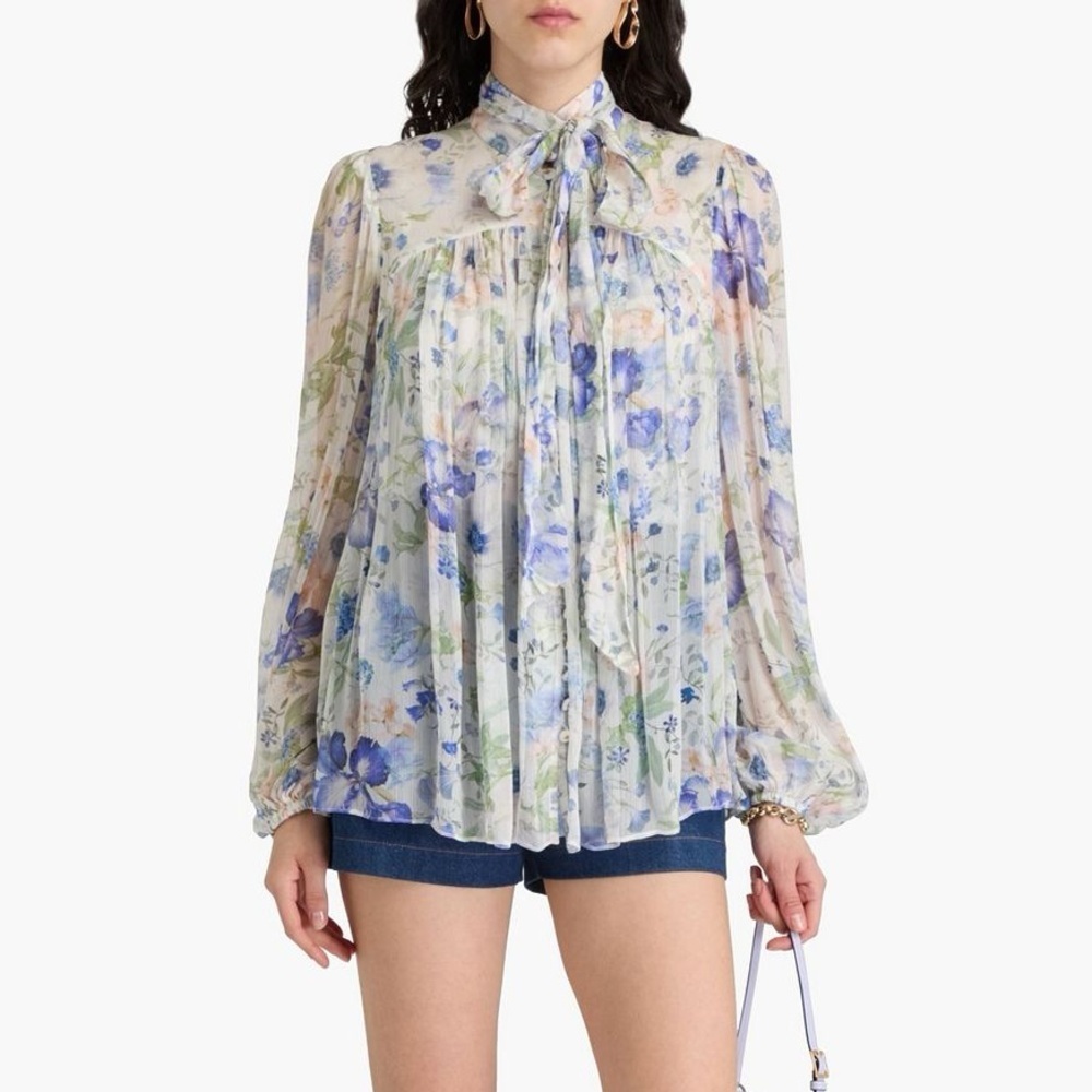 Zimmermann Natura Tie-neck Billow Top in Blue Garden Print